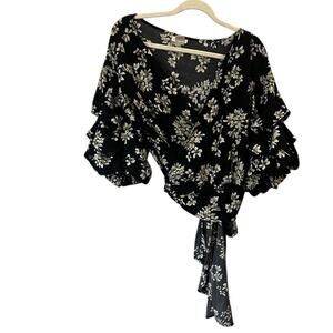 Mainstrip Wrap Crop Top Sz Med Floral Tiered Sleeve Coquette Black Green V Neck